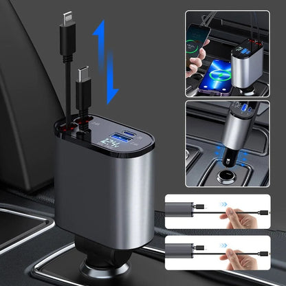 Retractable Car Charger 4 in 1 Fast Charger with Wire Convenient Digital Display Car Power Adapter