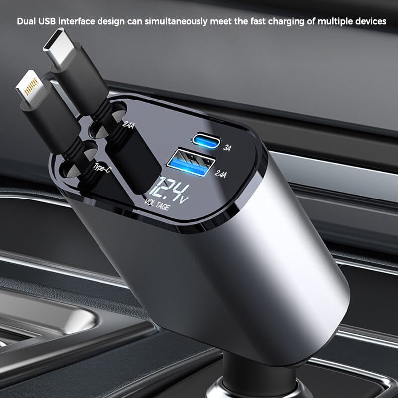 Retractable Car Charger 4 in 1 Fast Charger with Wire Convenient Digital Display Car Power Adapter