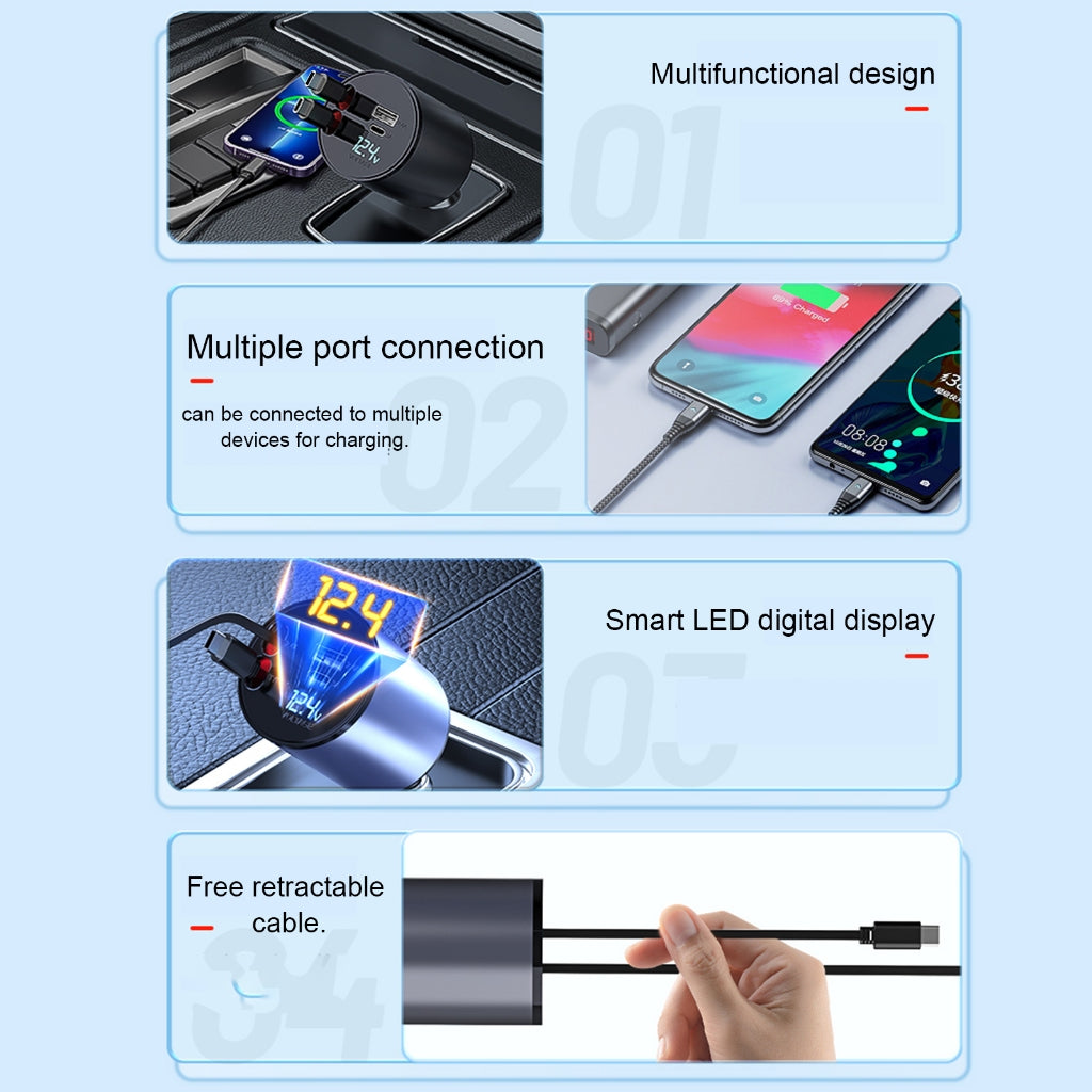 Retractable Car Charger 4 in 1 Fast Charger with Wire Convenient Digital Display Car Power Adapter